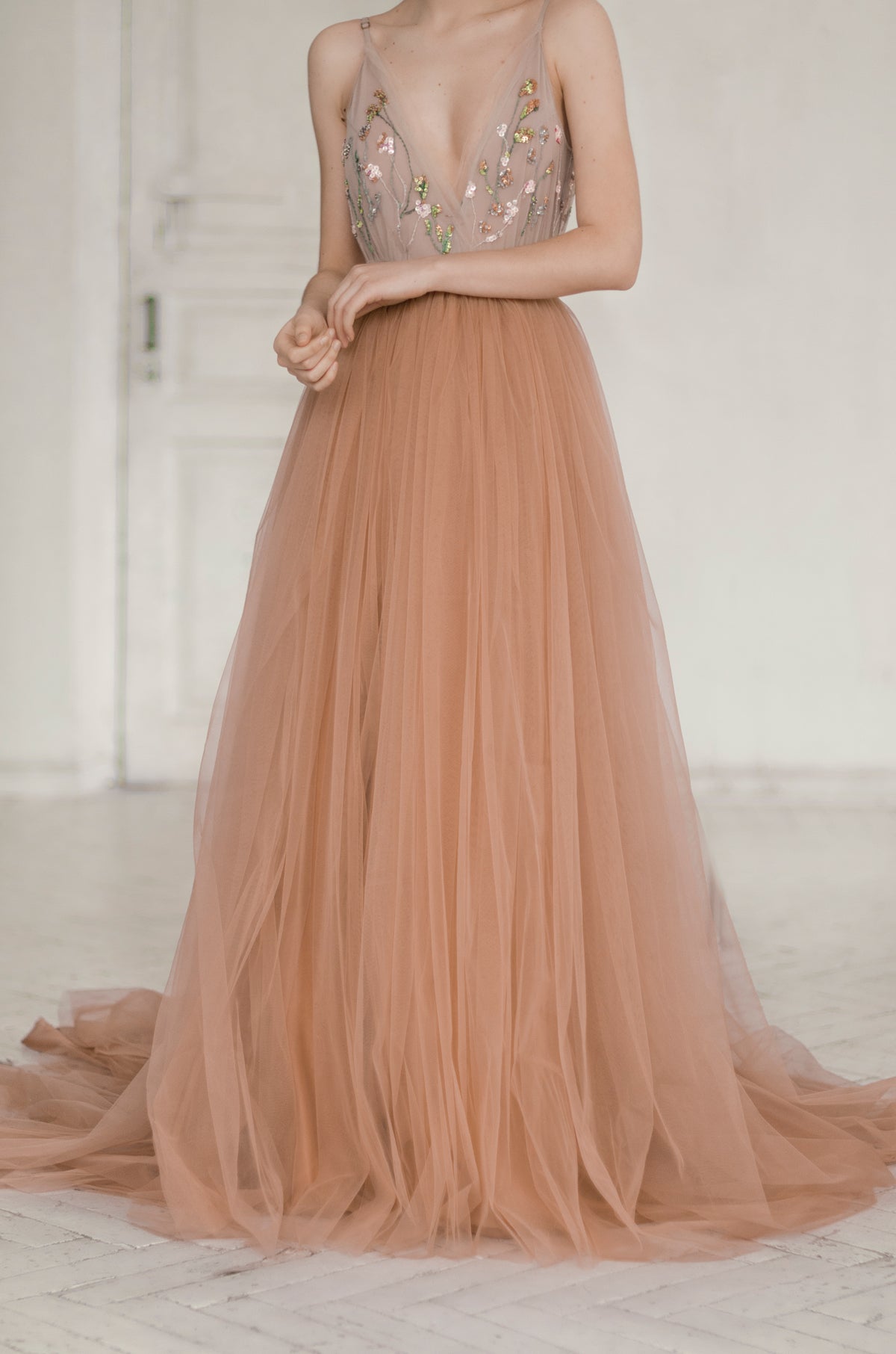 Tulle Beige copper wedding dress with full skirt photo 8