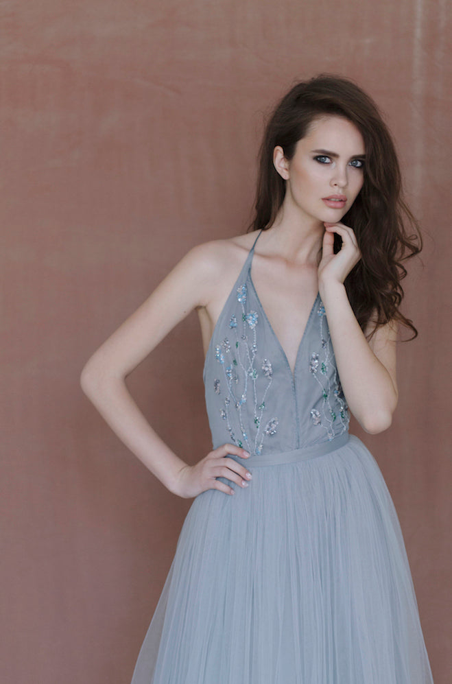 slim fit dress slacks A-Line Gray Blue Tulle Sequin Beading Long Prom Dress, Gray Blue Eveni –  dresstby