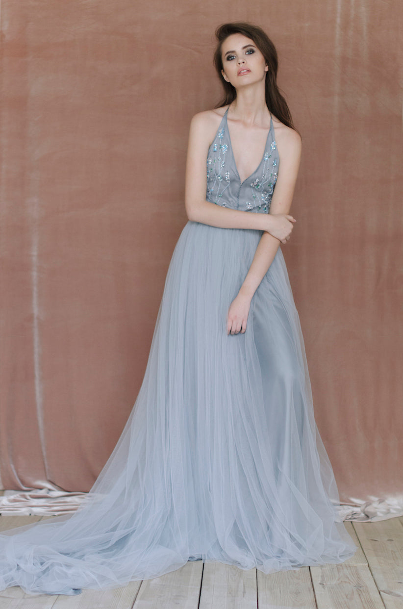 white christmas dresses Gray Blue Tulle A-line Sweetheart Long Prom Dresses SW525 main image 1