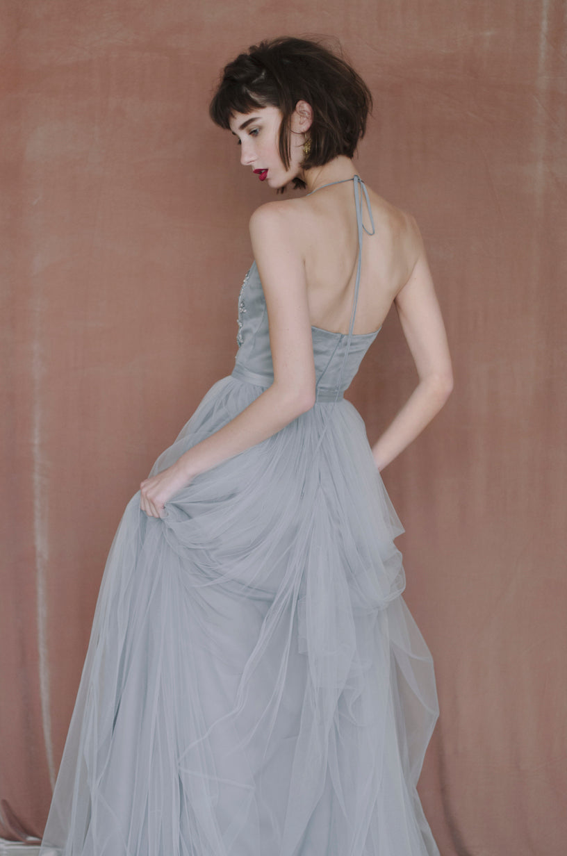 Blue and gray halterneck wedding dress photo 8