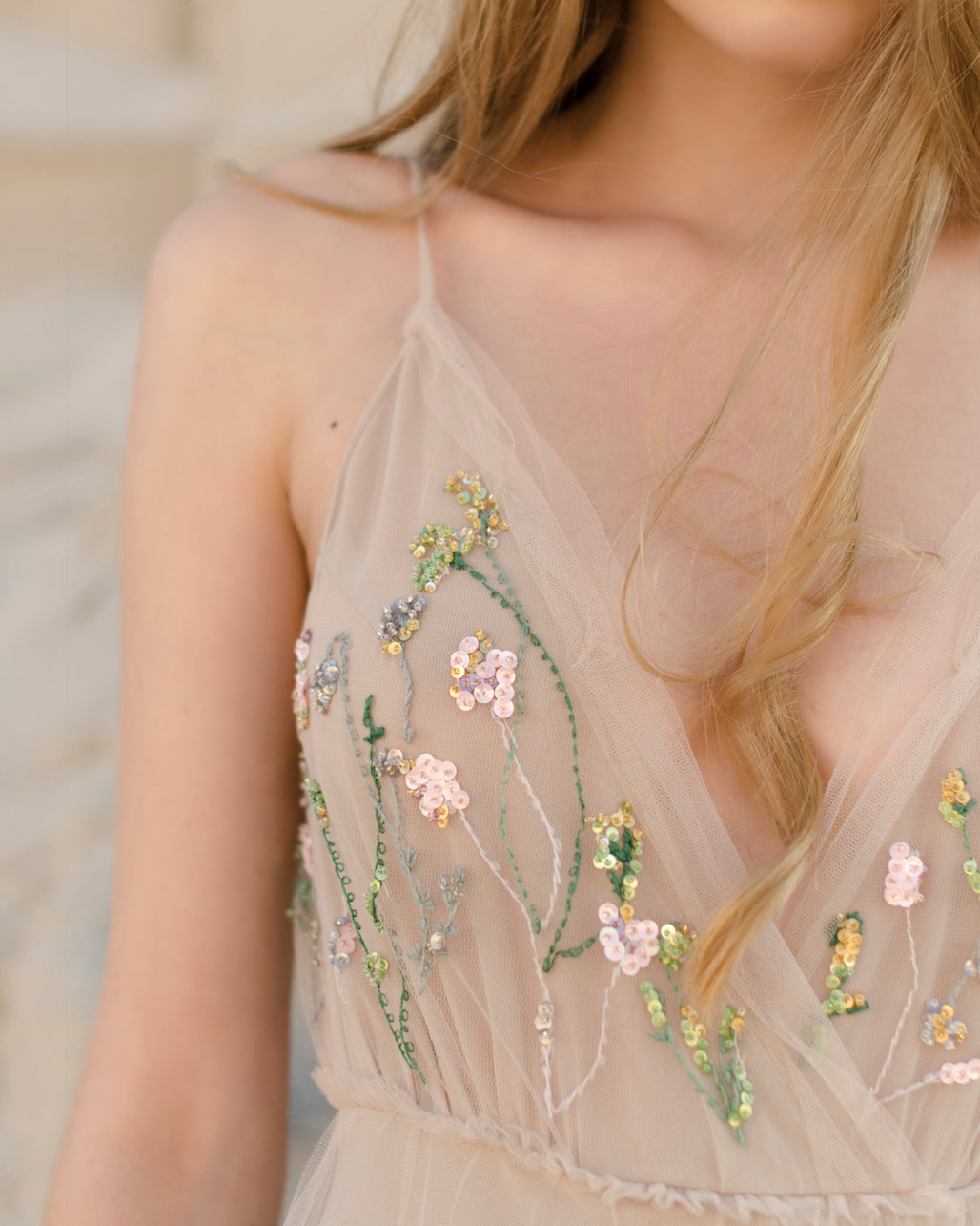 Beige wedding gown with hand-made embroidery  Ready to ship 4 US / Seashell