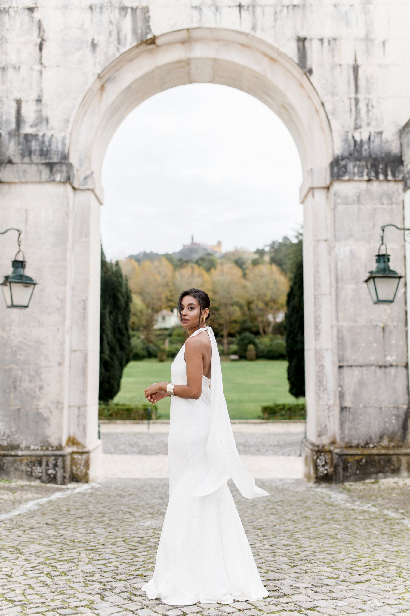 Silk V-neck bridal gown with open back photo 10