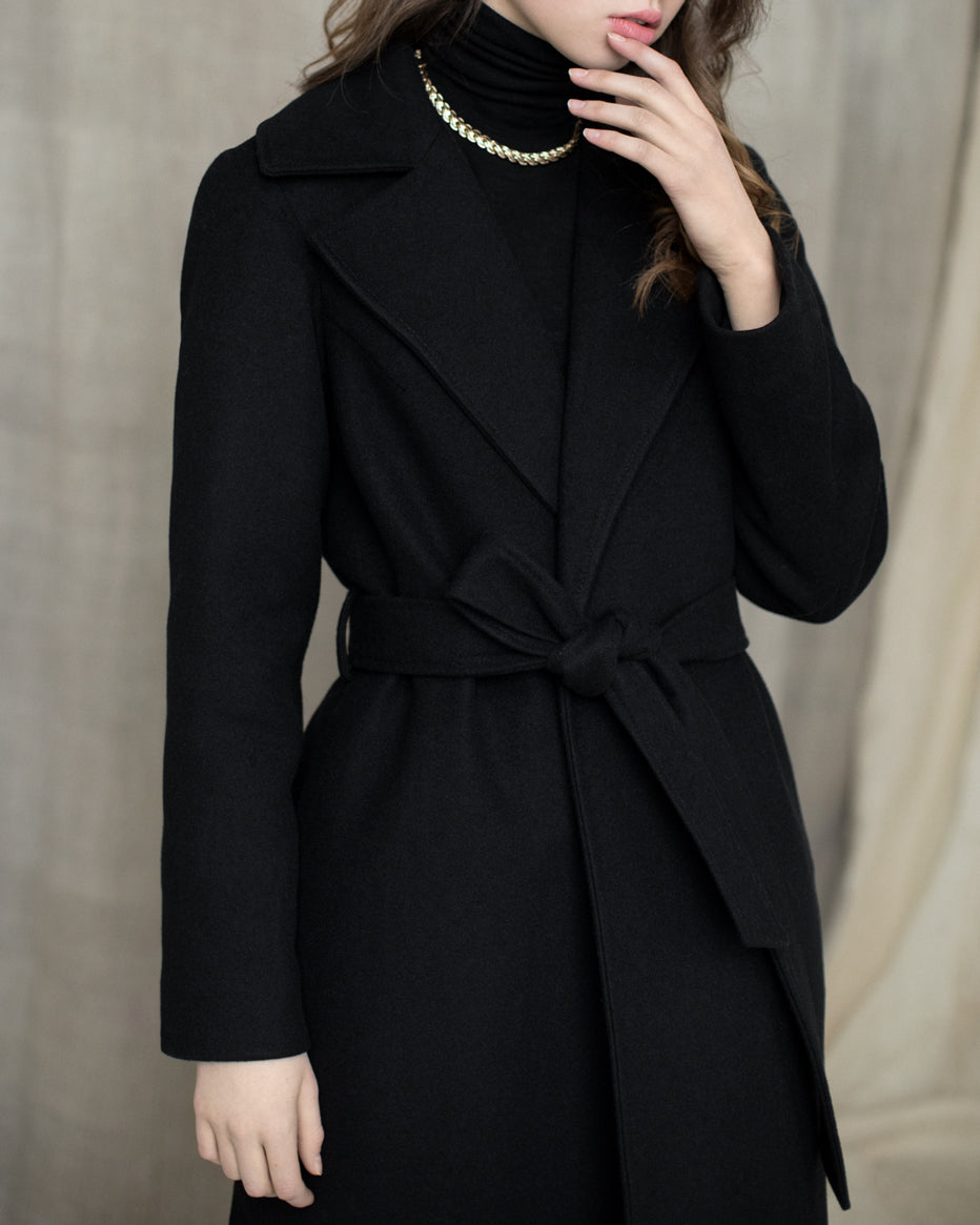 Black autumn cashmere wrap coat photo 12