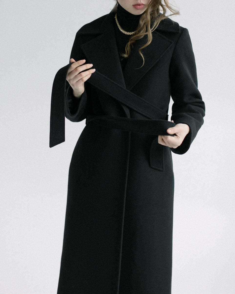 Black autumn cashmere wrap coat photo 6