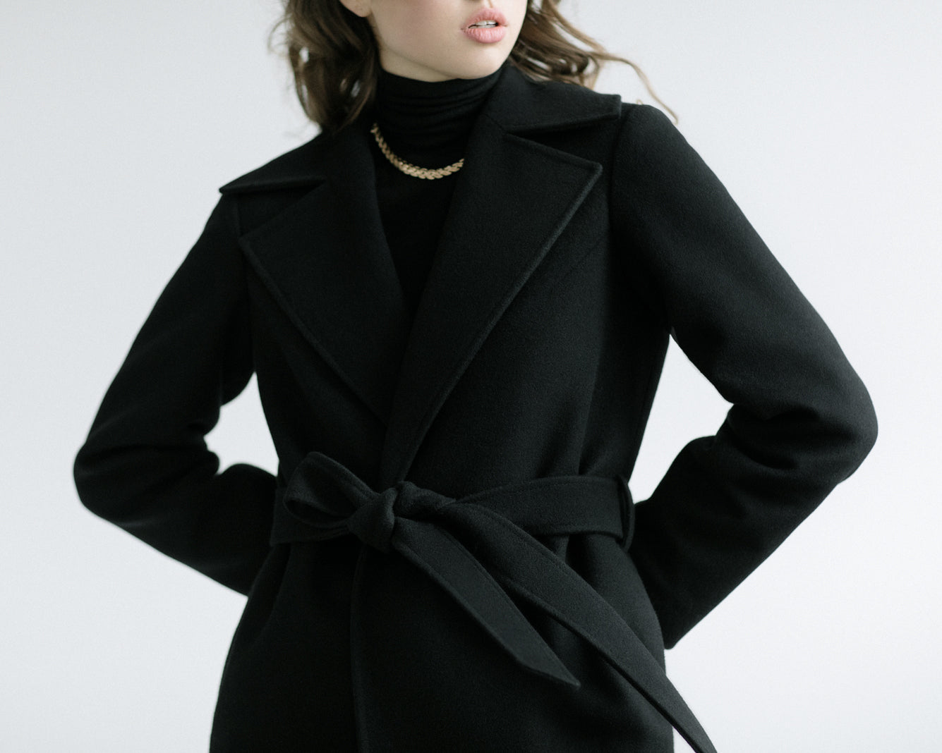 Black autumn cashmere wrap coat photo 11